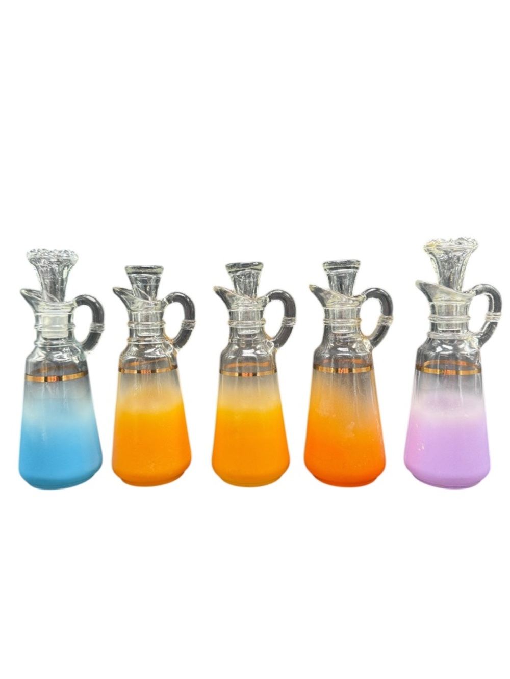 Vintage Anchor Hocking Blendo Cruet Set Lot 5 Ombre Glass MCM Orange Purple Blue